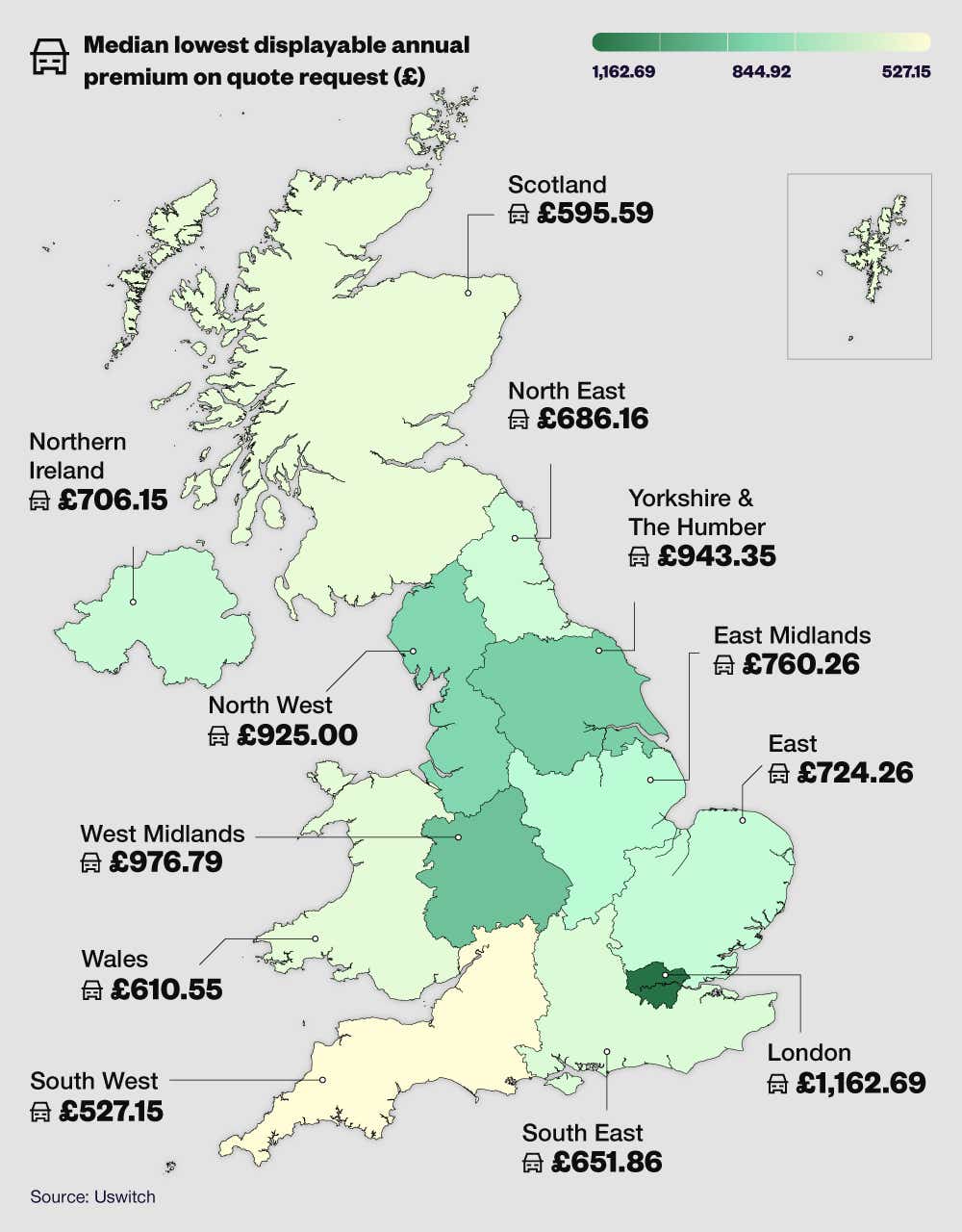 A map of the UK showing the average annual car insurance costs by region.