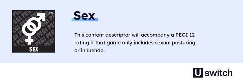 Alt text - Sex icon which accompanies a PEGI 12 rating if the gaming only includes sexual posturing or innuendo