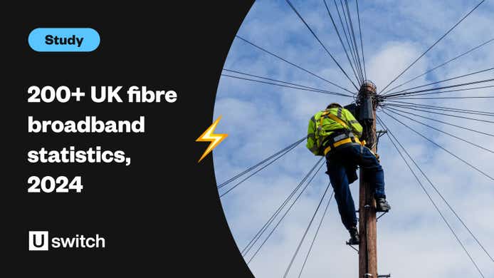 Feature image with the title "200+ UK fibre broadband statistics 2024" next to a fibre optic cable