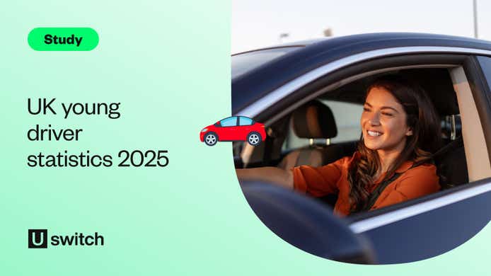 Feature image of a young woman driving a car and the title 'UK young driver statistics 2025'