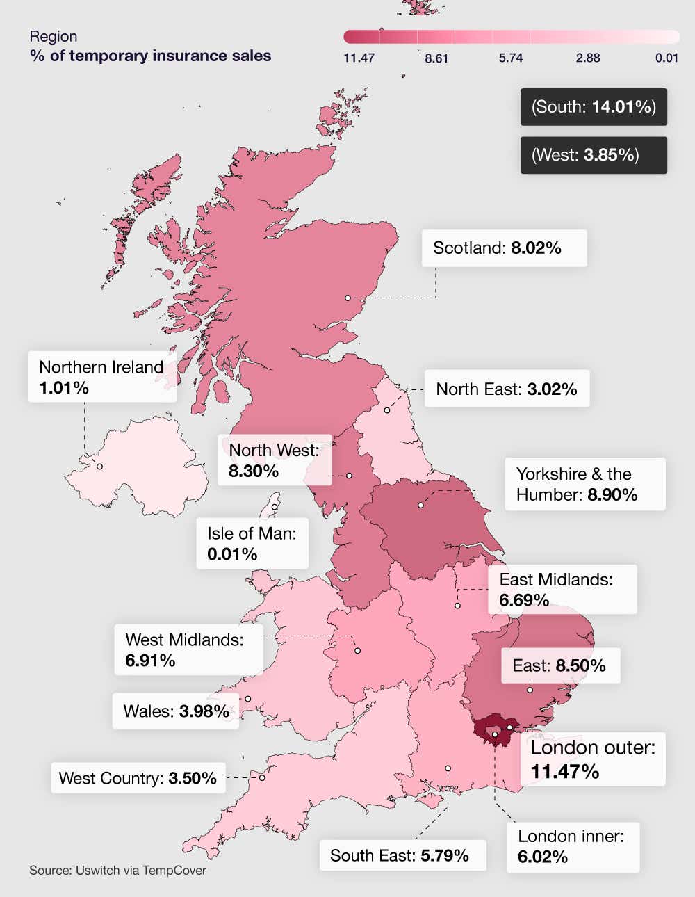  A shaded regional map depicting areas of the UK where temporary car insurance sales are the highest.