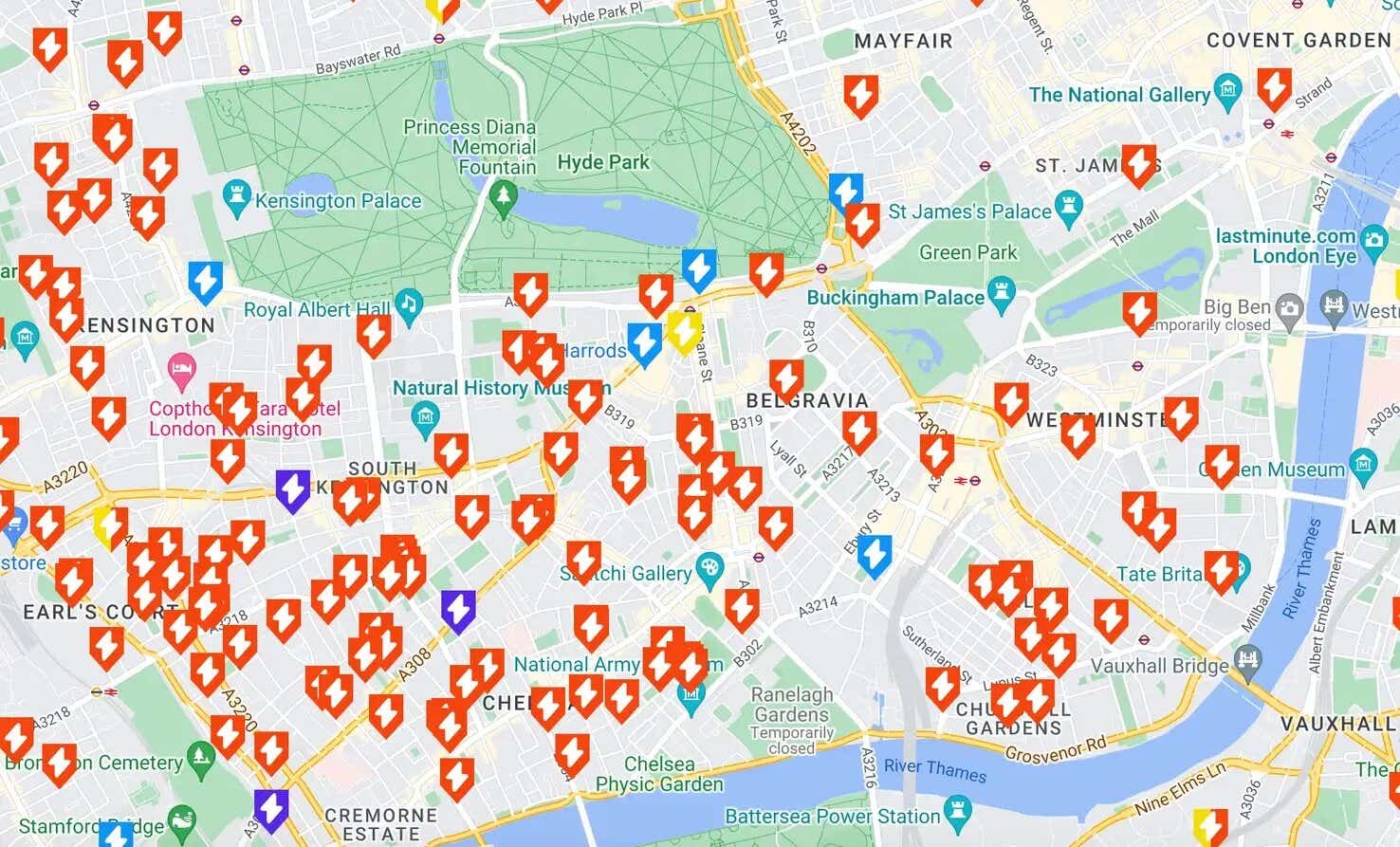 map of central London showing all the ev charging points 