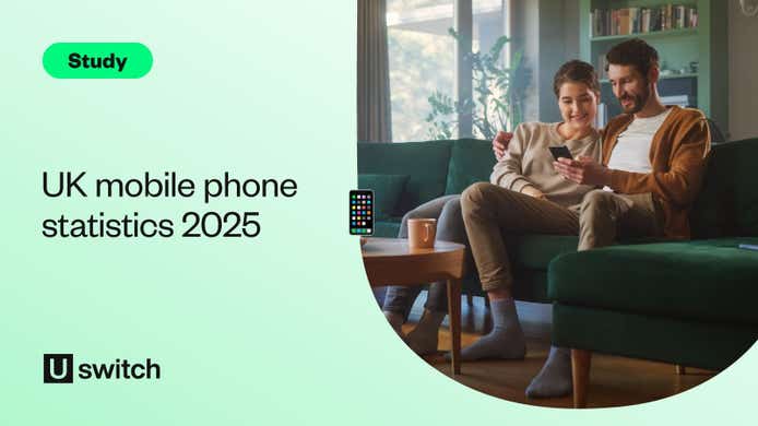 Feature image with title UK mobile phone statistics and a couple looking at a mobile phone on the sofa.