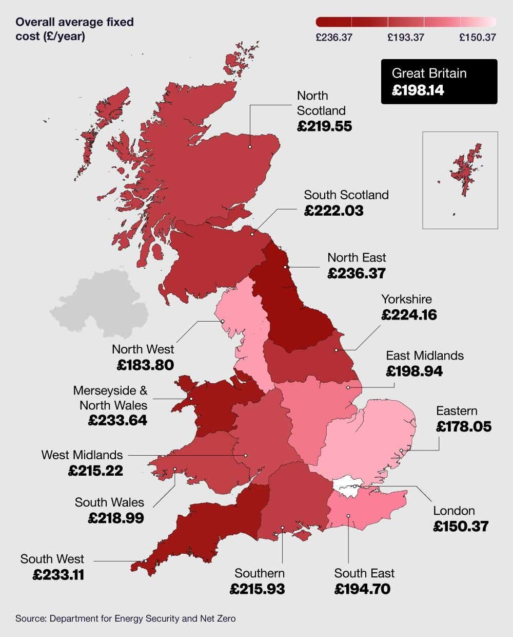 GB map graphic showing the average fixed cost of electricity across regions.