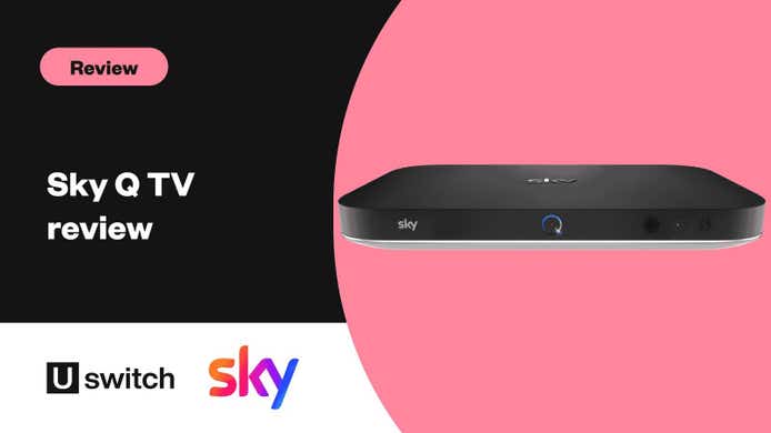 a sky q set top box product image with a red background