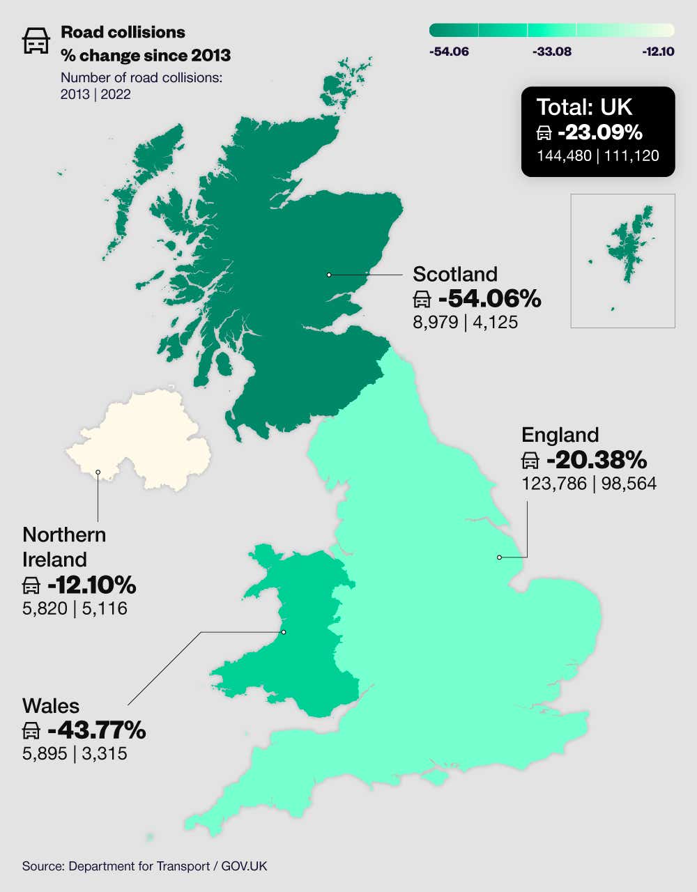 Map graphic showing the number of reported road collisions across the nations of the UK (2013 and 2022)