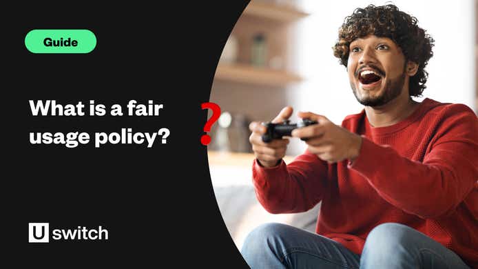 Man with a gaming controller next to a question about fair usage policy