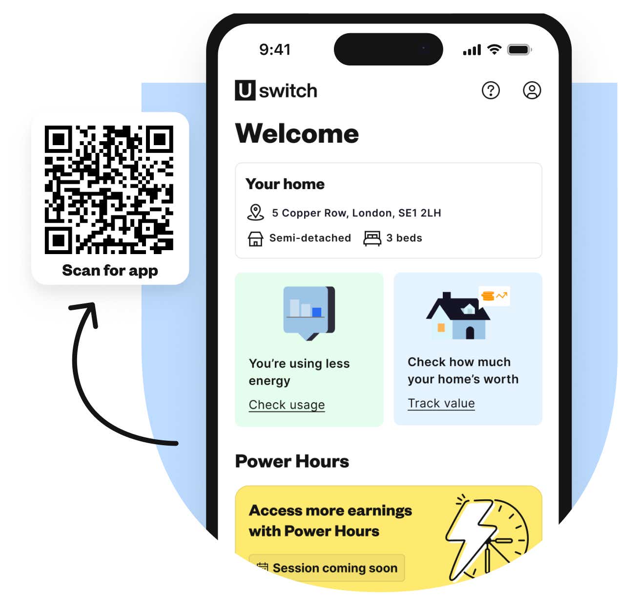 Uswitch energy app screen with QR code