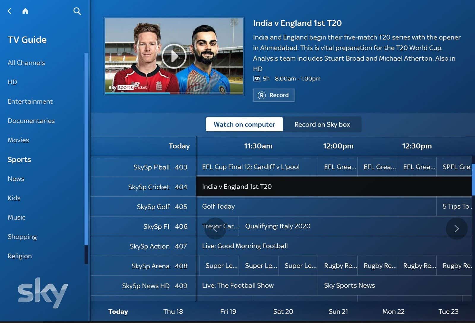 image of the sky go TV menu