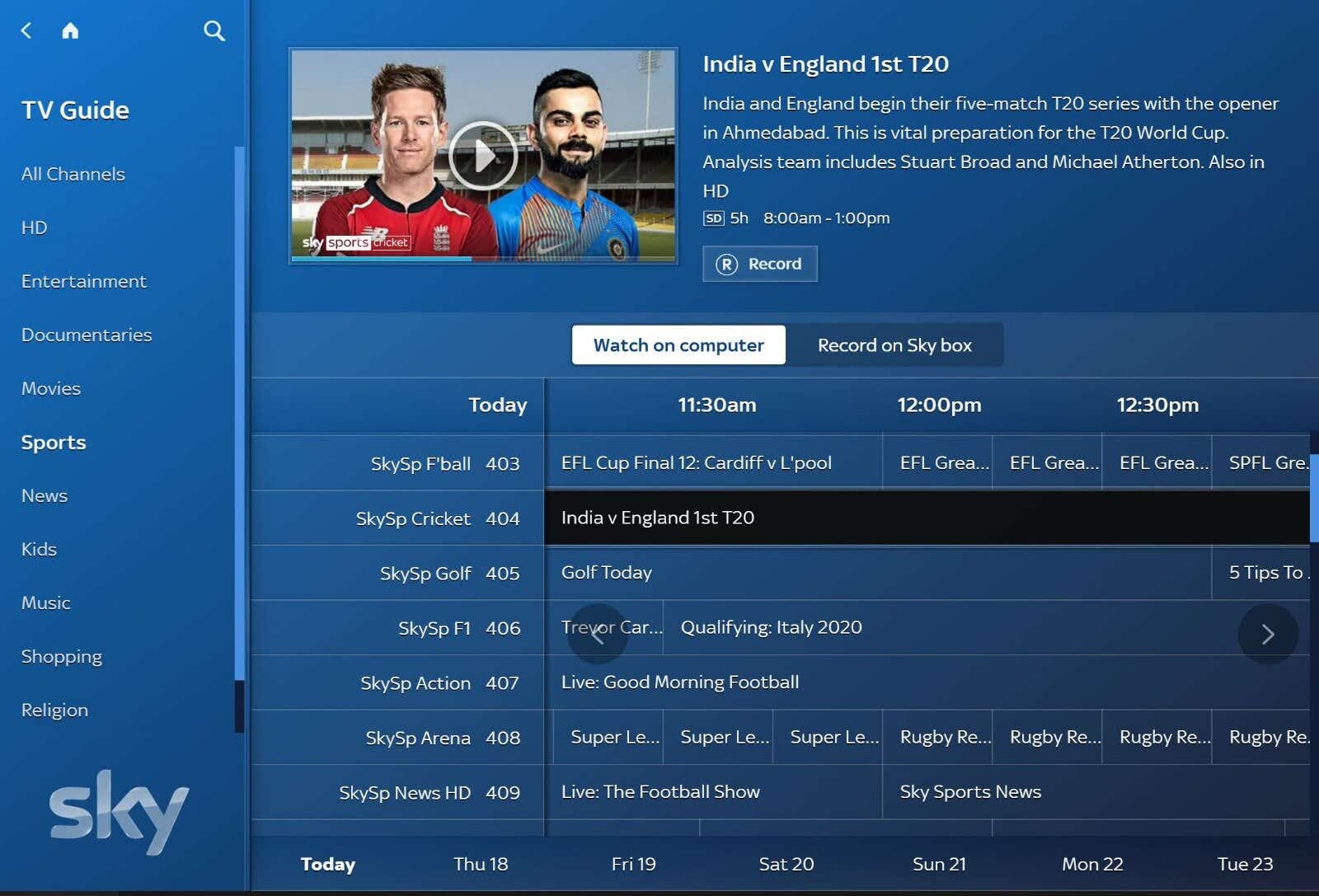 image of the sky go TV menu