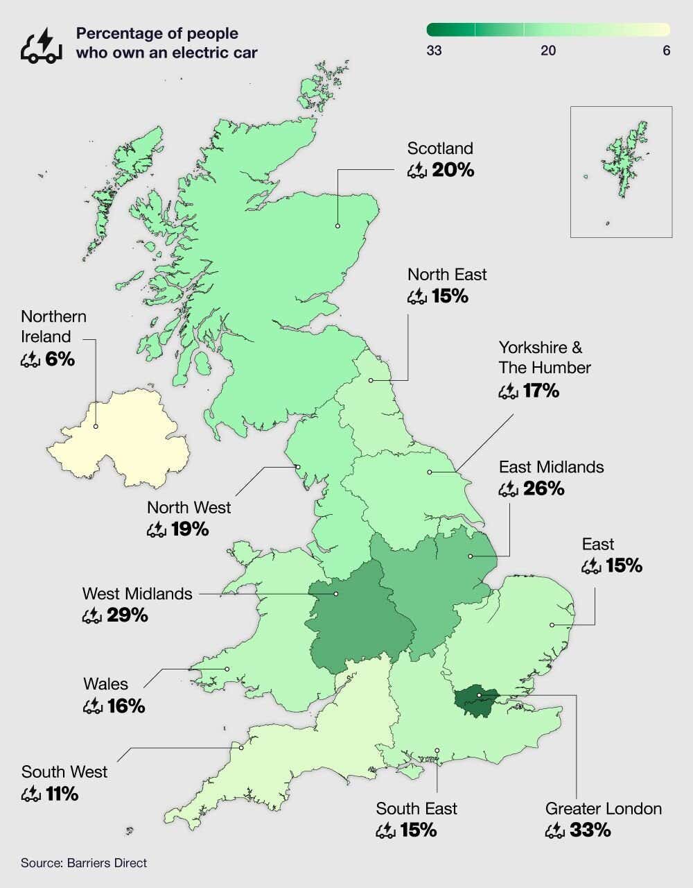Map graphic showing the percentage of people who own an electric car by UK region.