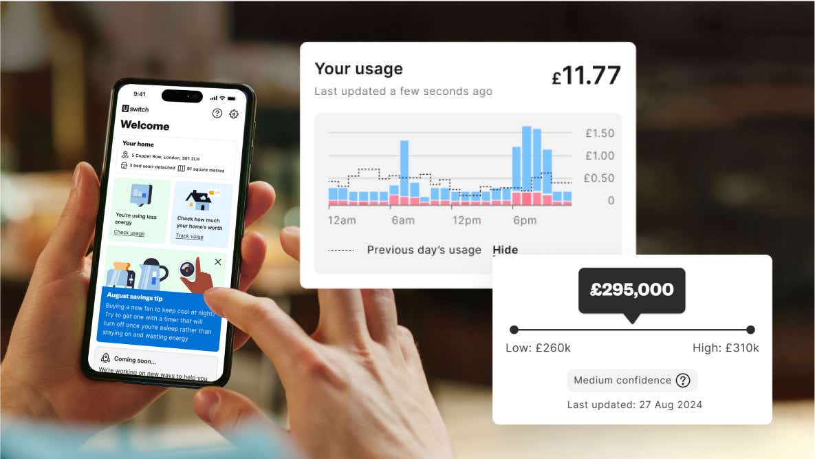Person holding a phone showing the Uswitch app homescreen