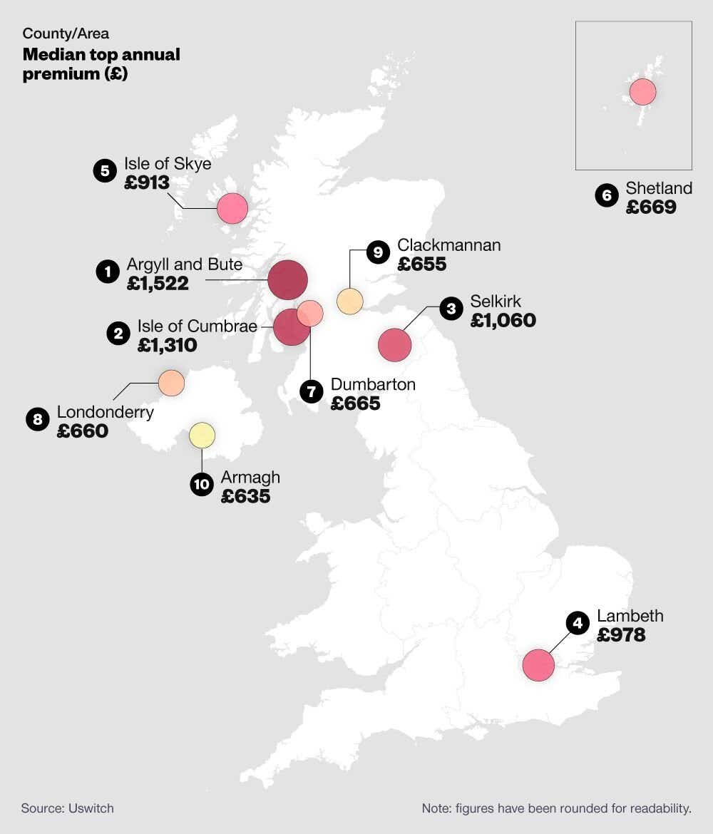 Map showing the top 10 counties with the highest median annual home insurance premiums in the UK.