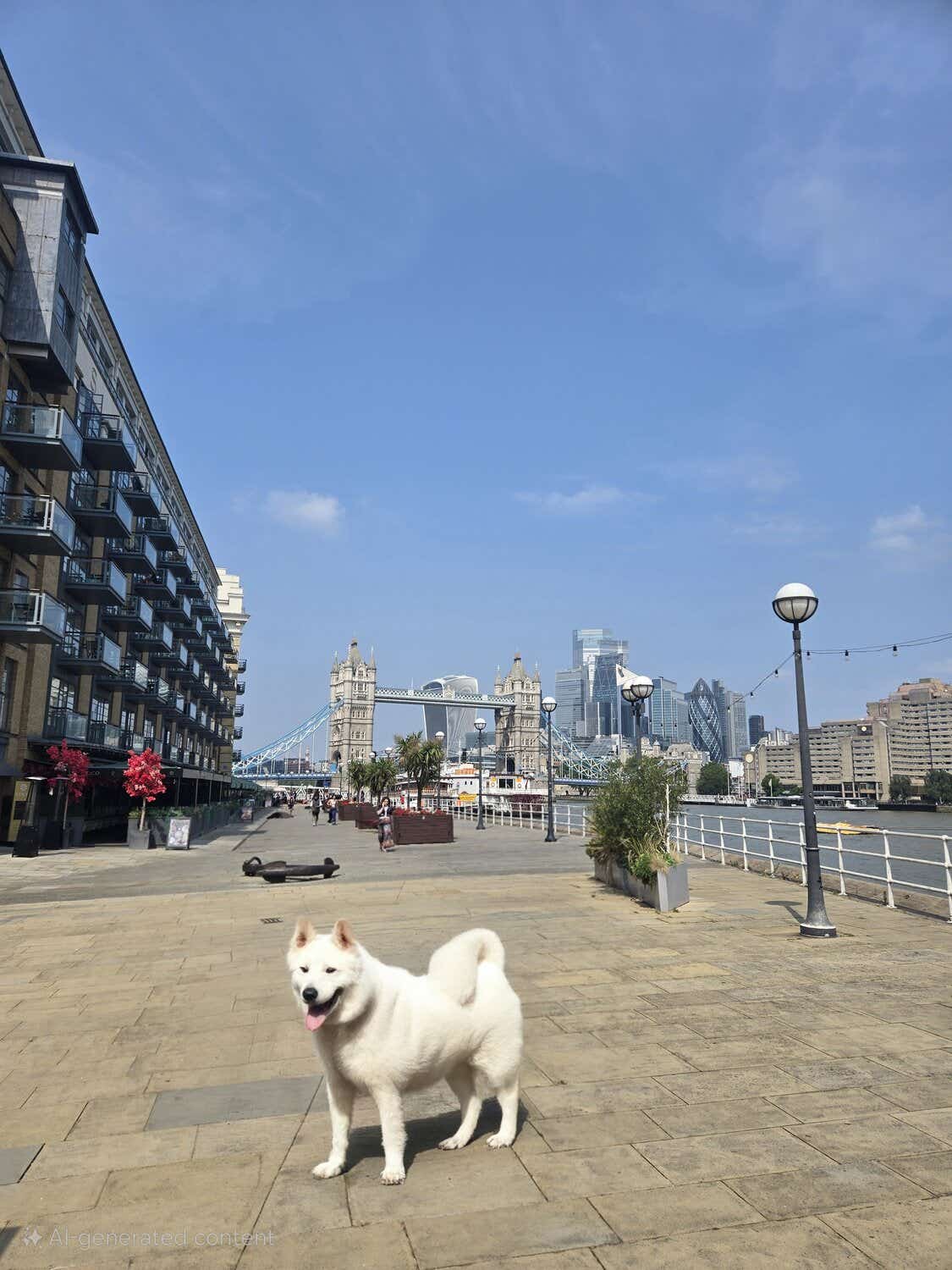 Image of Tower Bridge with AI dog in photo