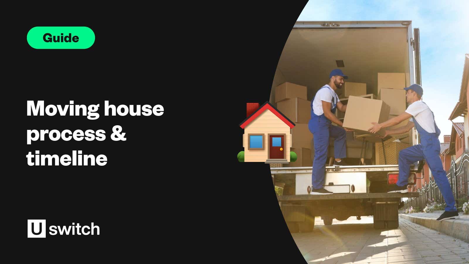 Feature image of two removal men loading a truck with boxes alongside the title 'Moving house process & timeline'.