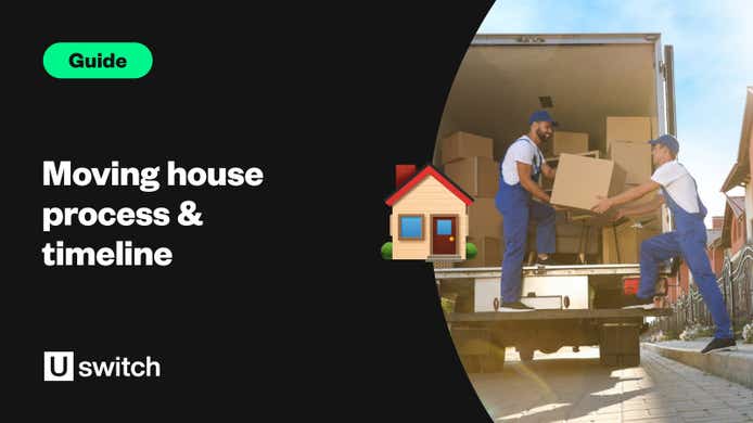 Feature image of two removal men loading a truck with boxes alongside the title 'Moving house process & timeline'.