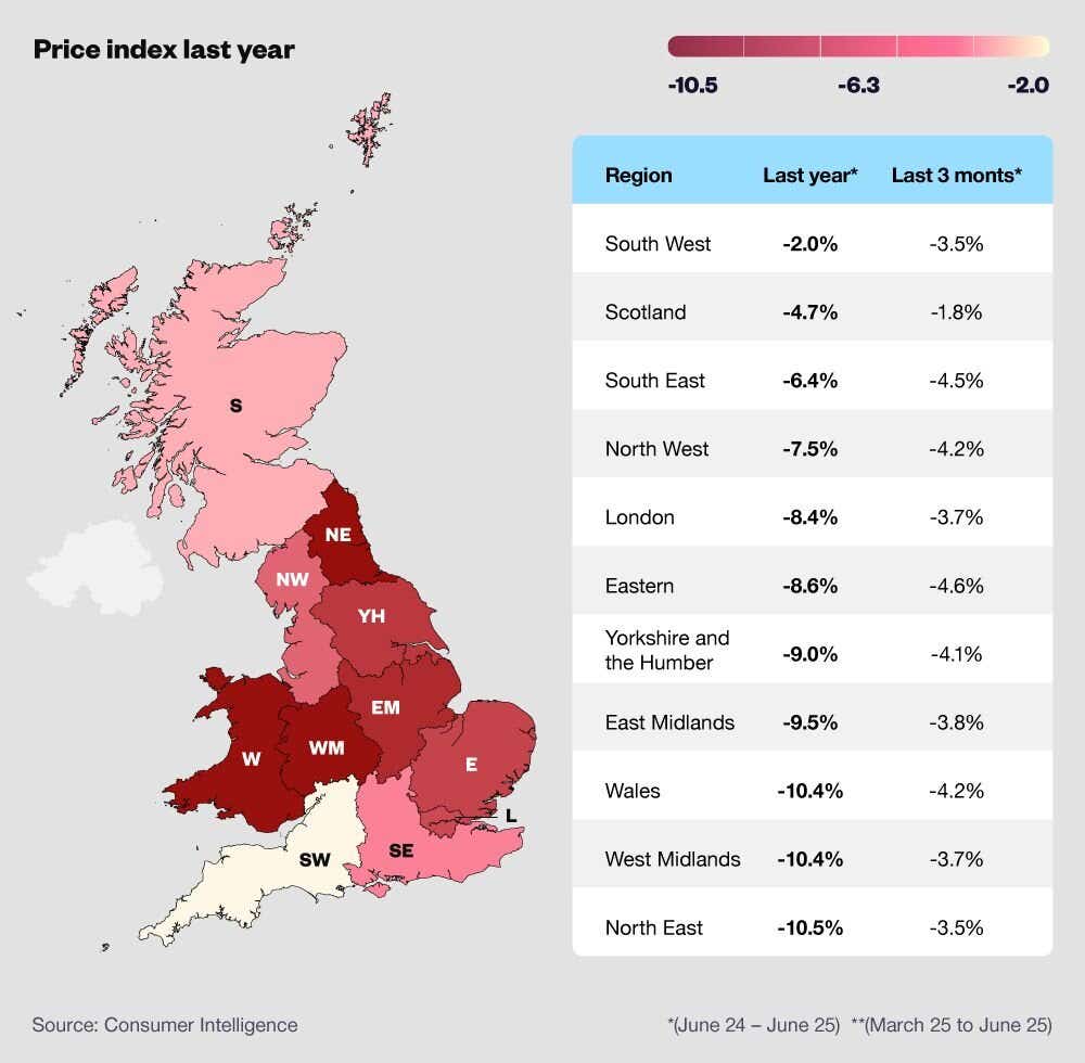 Shaded regional map showing regional changes in quoted home insurance premiums in the UK from 2024 to 2025.