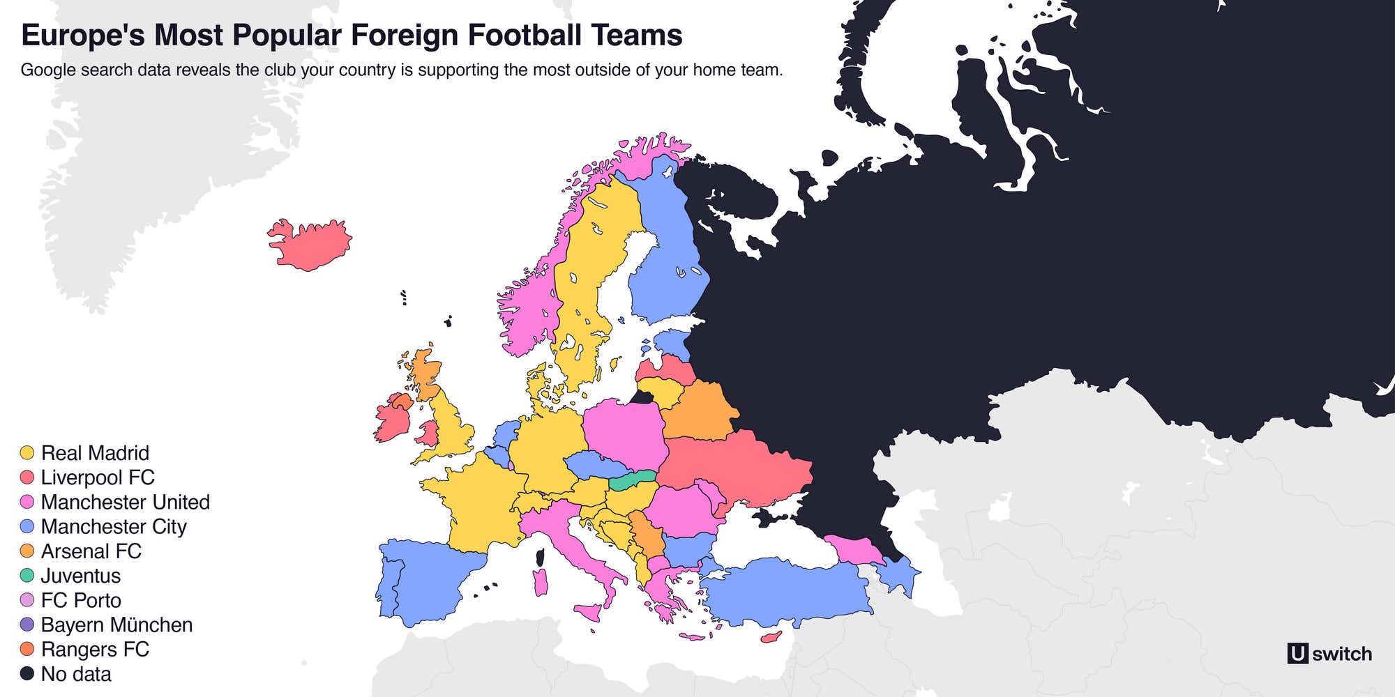 map of europe and each countries most popular football teams