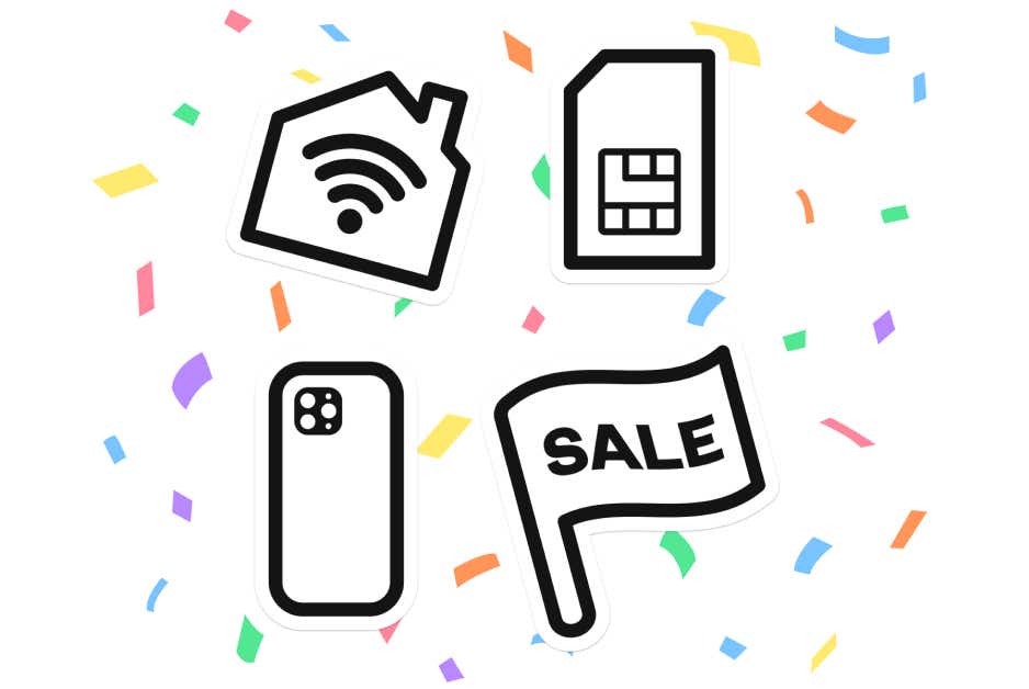 Black and white stickers showing broadband, SIM and mobile phone products for Black Friday.