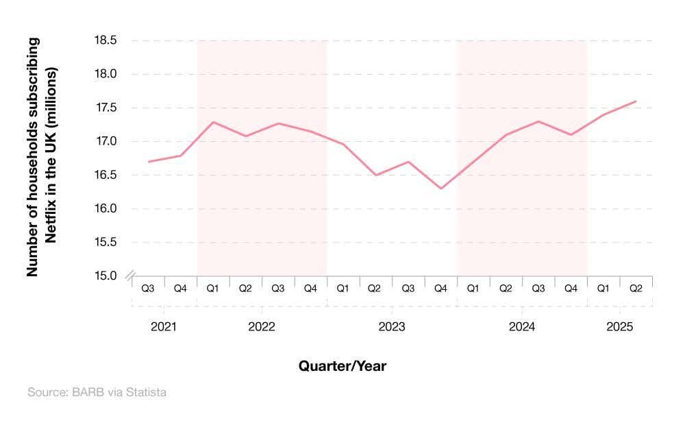 Line chart showing the number of households subscribing to Netflix (2021-25).