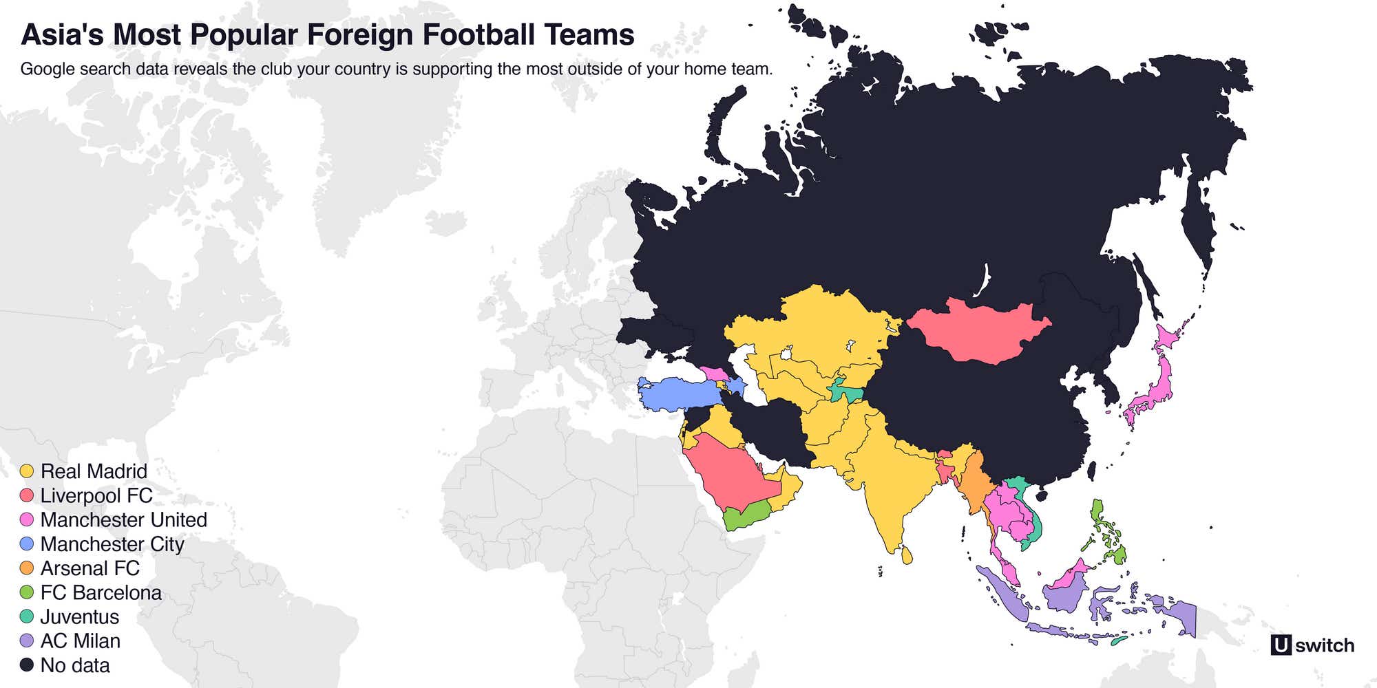 Graphic of asia's continent and each countries most popular football teams