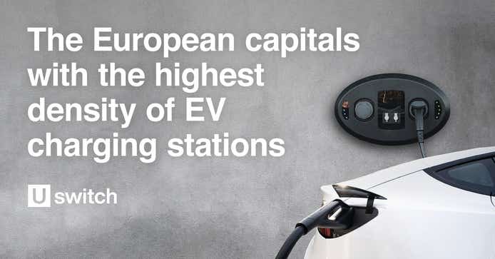 Image of a blue tesla with white overlay' The European capitals with the highest density of EV charging stations'