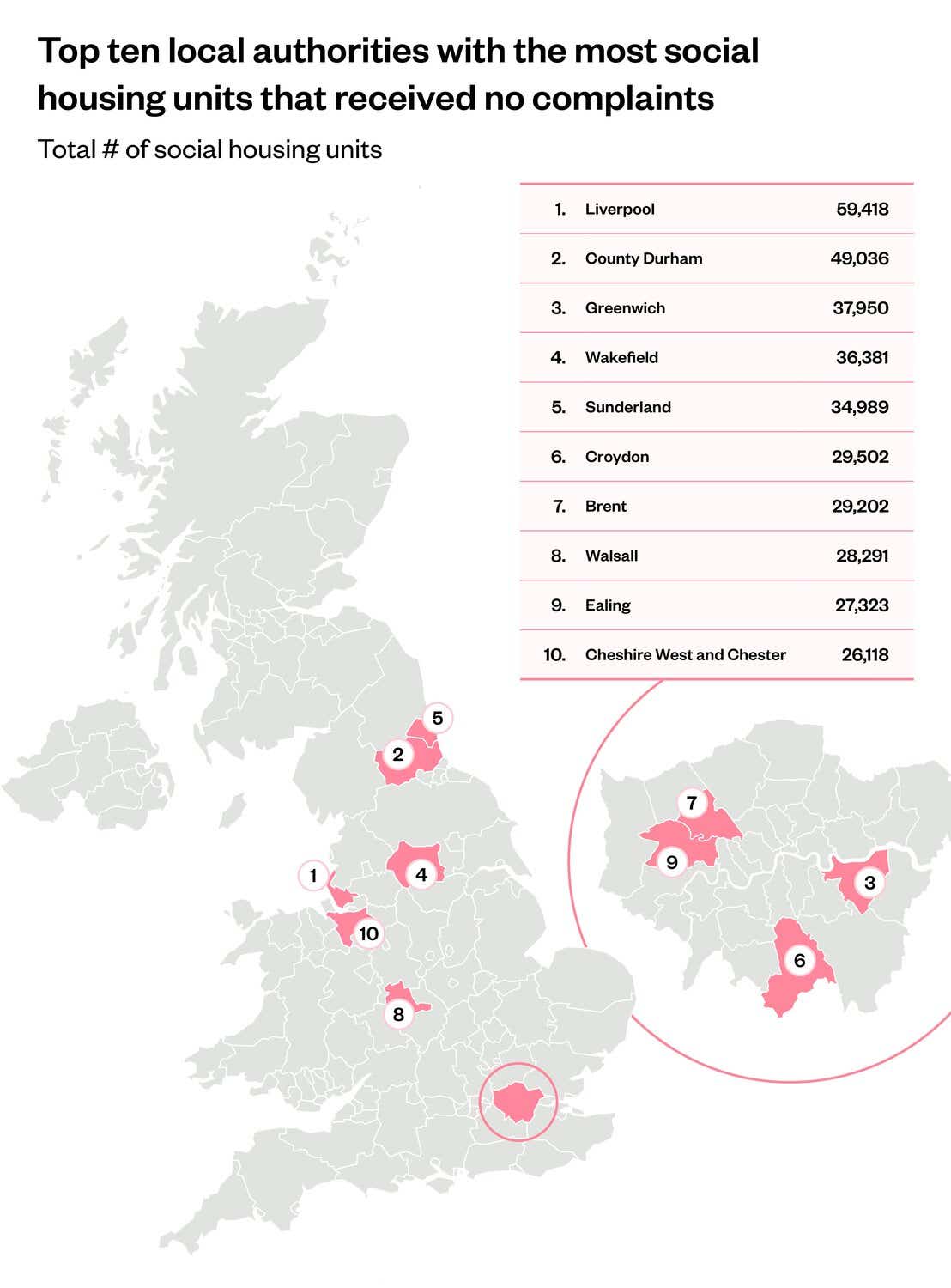 Map of the UK shows the top ten local authorities with the most social housing that received no mould and damp complaints.