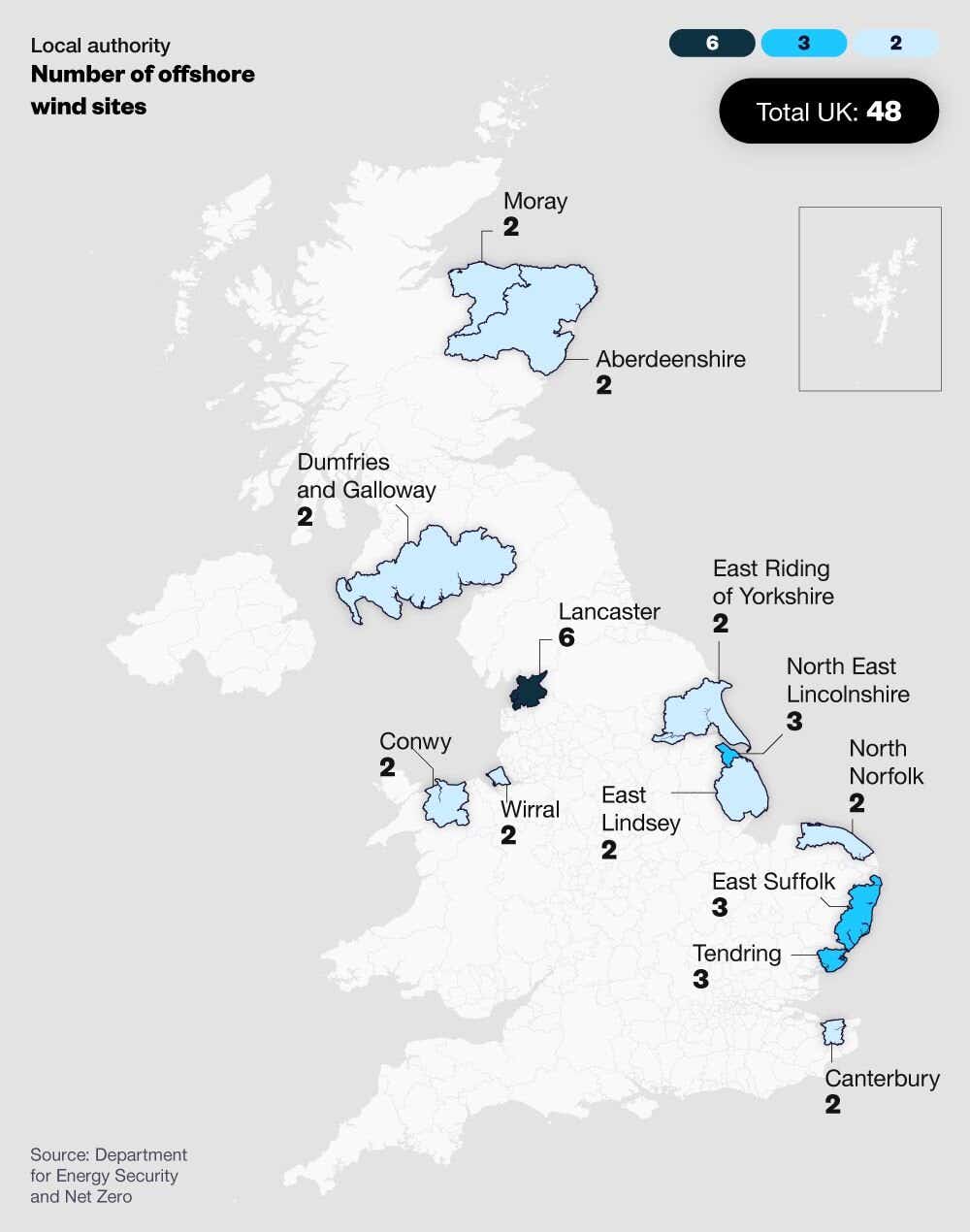 Map of the UK showing the UK local authorities with the most sites generating offshore wind in 2023