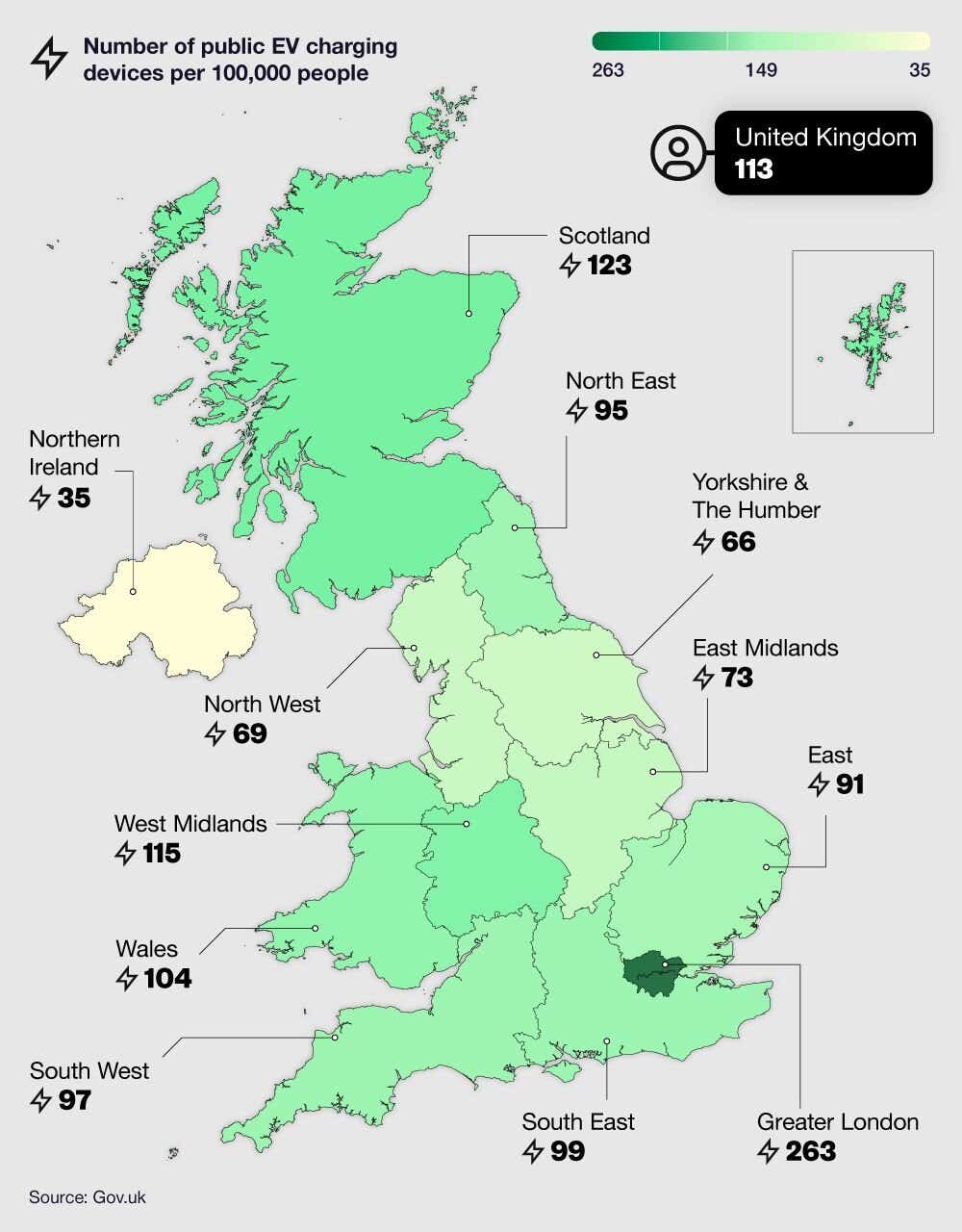 Map graphic showing the number of public EV charging devices per 100,000 people by region.