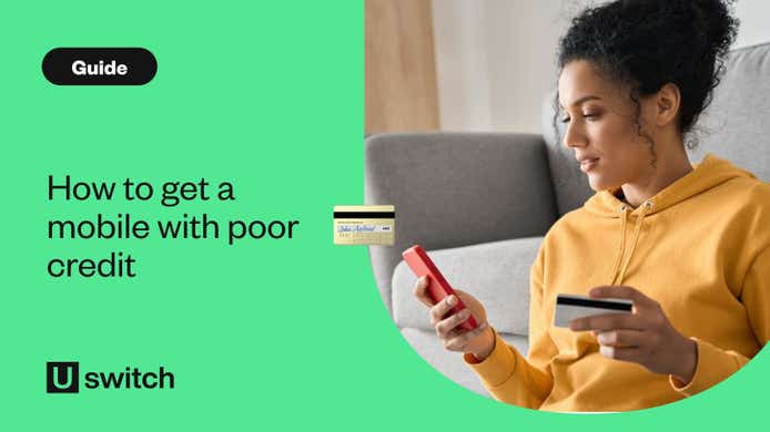 How to get a mobile with poor credit guide young woman with credit card looks at her phone