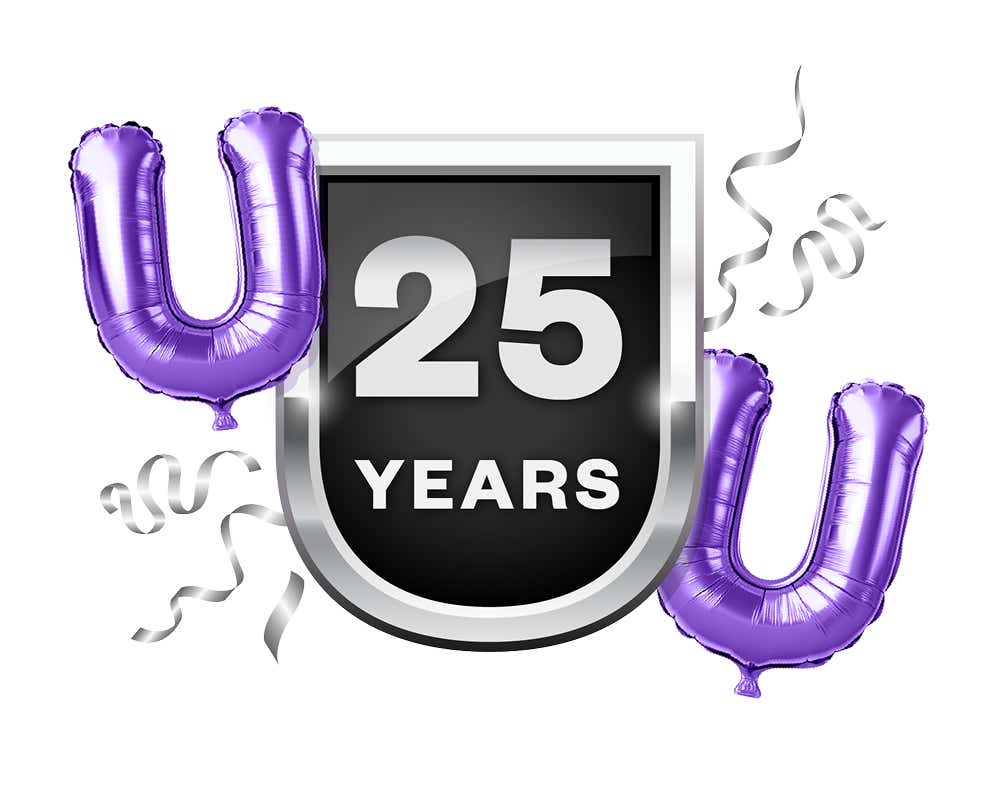 A silver badge with 25 years engraved surrounded by U shaped balloons