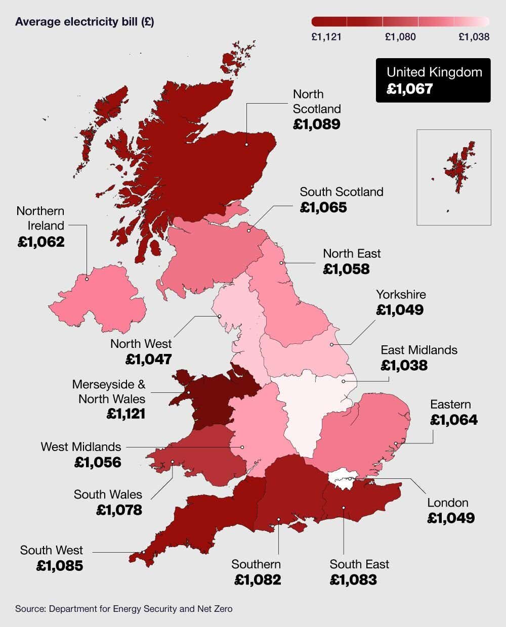 UK map graphic showing the average annual electricity bill across regions.