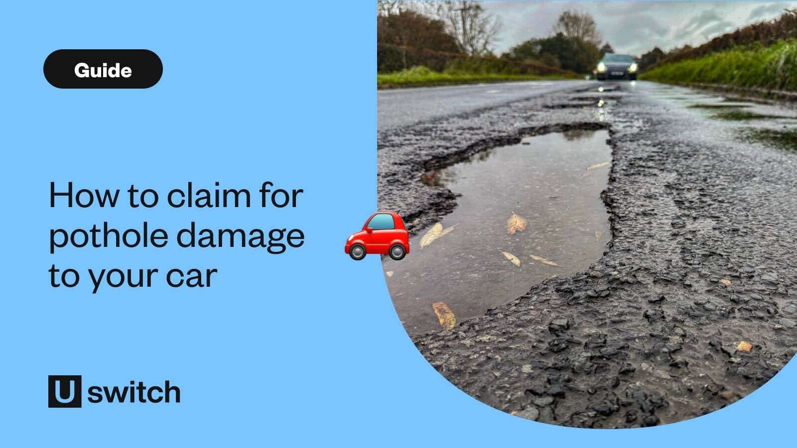 car driving towards a large pothole on a wet road