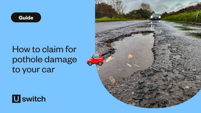 car driving towards a large pothole on a wet road