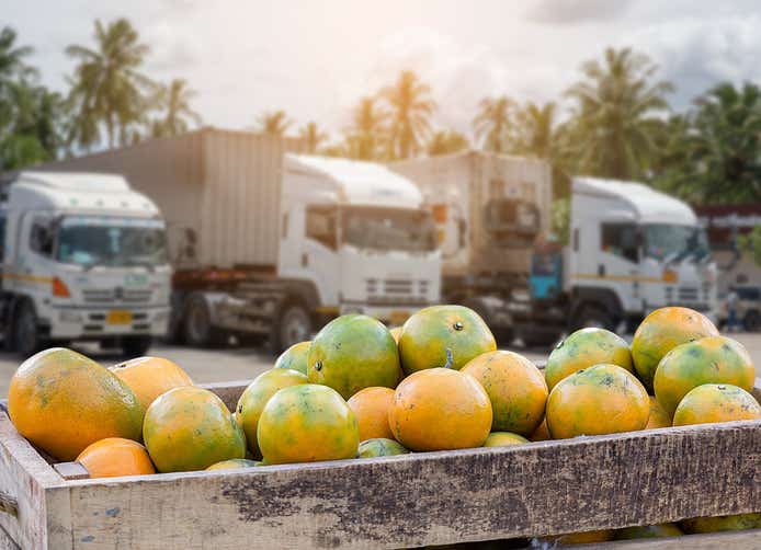 Oranges in box in front of trucks.