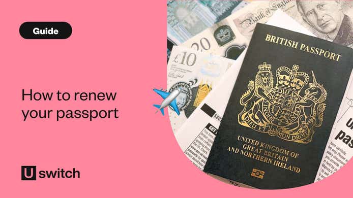 British passport, UK passport application form, and British pound sterling banknotes laid flat