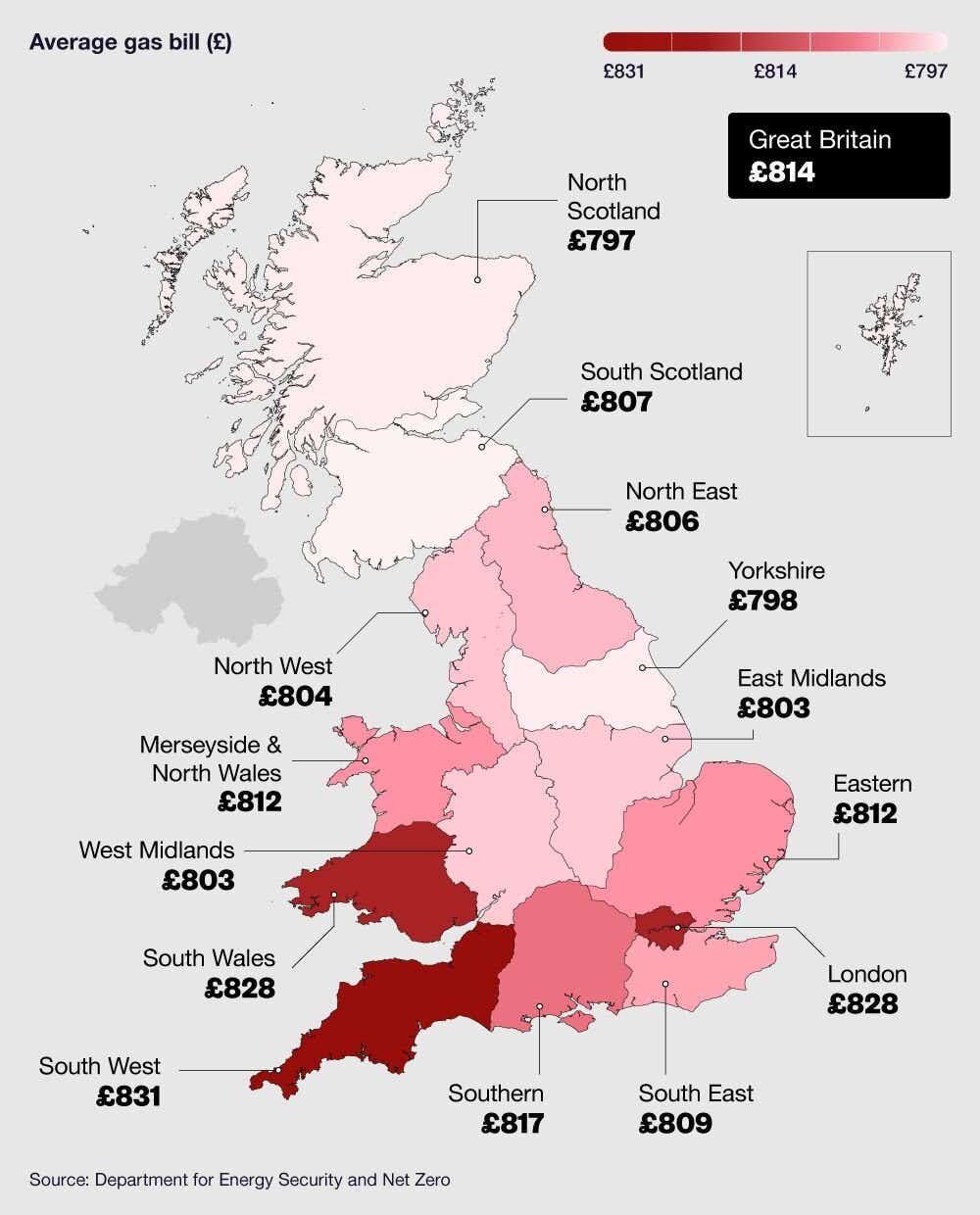 GB map graphic showing the average annual gas bill by region.