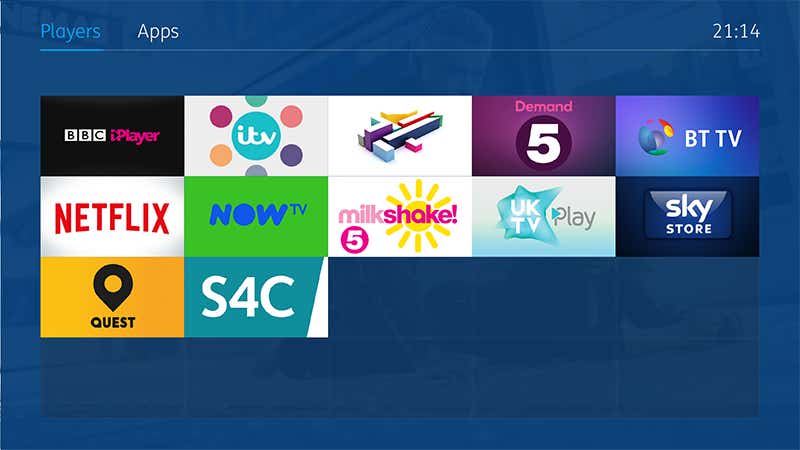 players and apps menu on bt youview