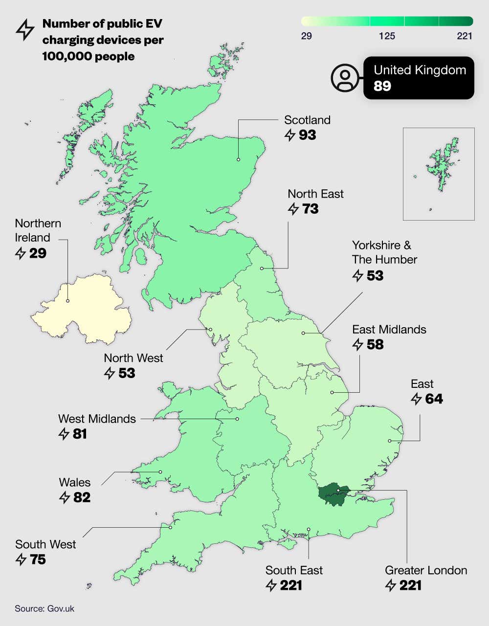  Map graphic showing the number of public EV charging devices per 100,000 people by region