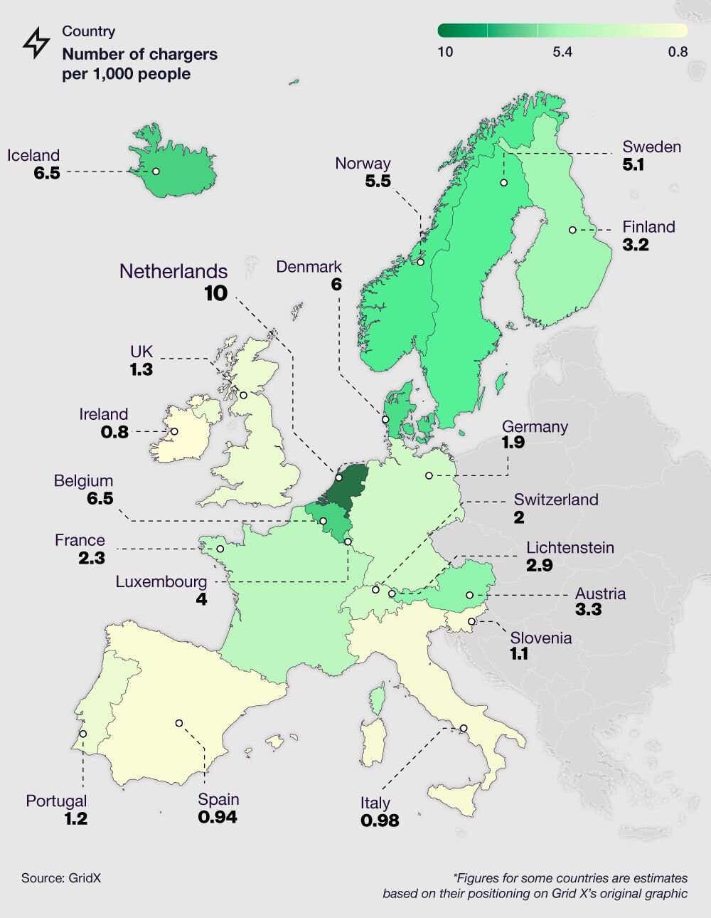  Shaded map graphic showing the number of EV charging devices per 1,000 people by European country.