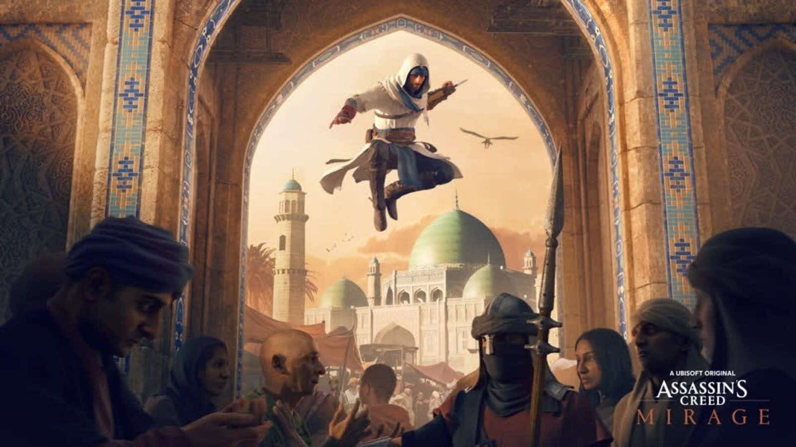 Assassin jumping towards a guard with Baghdad in the background. 