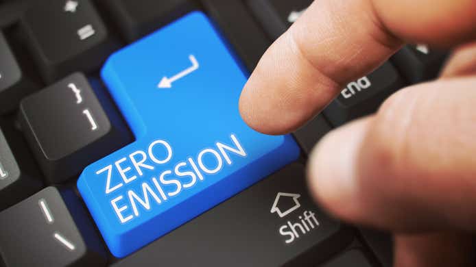 Keyboard with 'zero emission' written on the enter key in blue