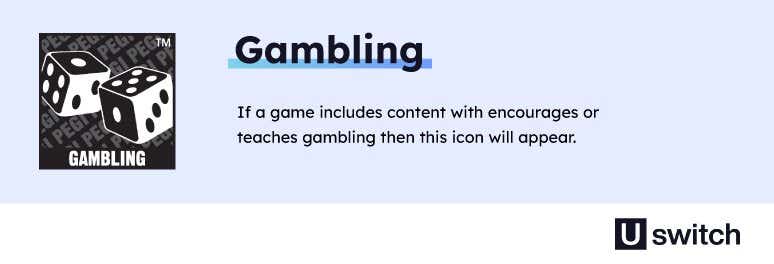 Gambling icon which is a sign a game includes content with encourages or teaches gambling