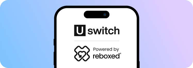 A phone with the Uswitch powered by Reboxed logo inside of it