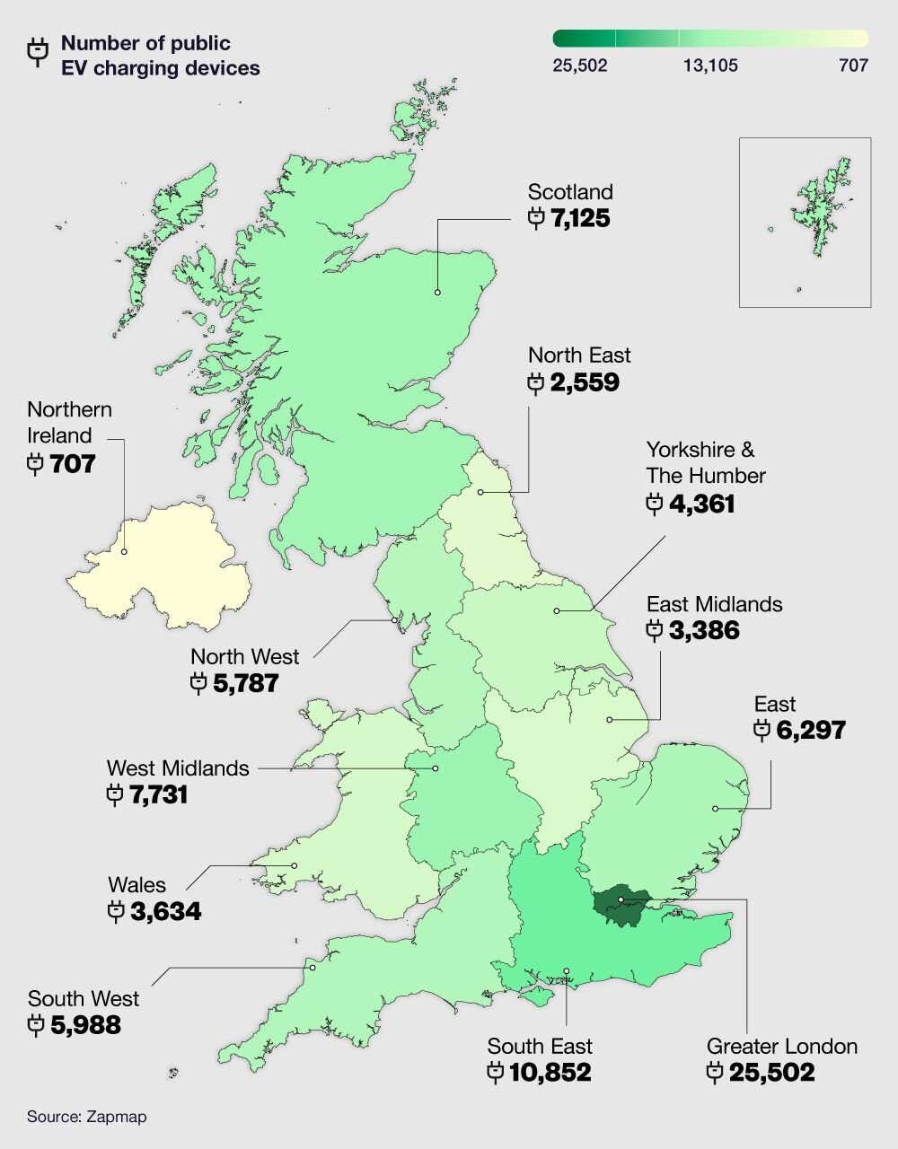 Map graphic showing the number of public EV charging devices by UK region.