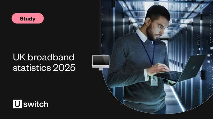 A banner image with text reading "UK broadband statistics 2025", the Uswitch logo, and a man using a laptop in a room of servers.