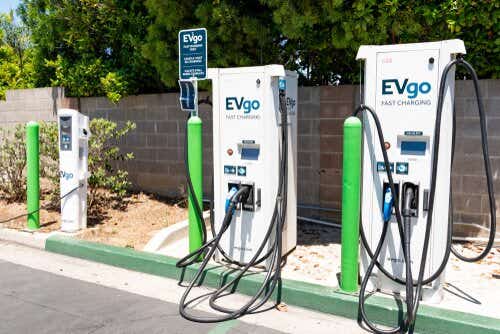 Rack of EV charging points in car park