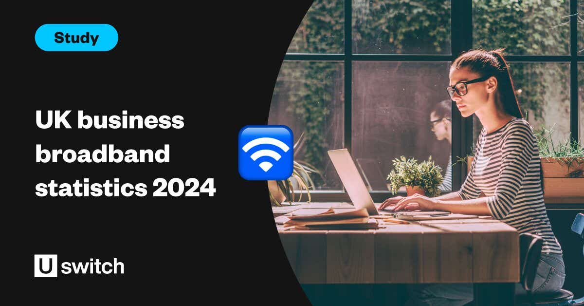 Feature image wth the title "UK business broadband statistics 2024" and a picture of someone using the internet for work