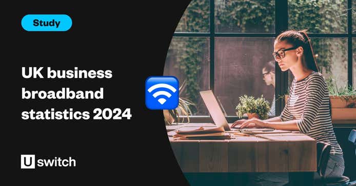 Feature image wth the title "UK business broadband statistics 2024" and a picture of someone using the internet for work