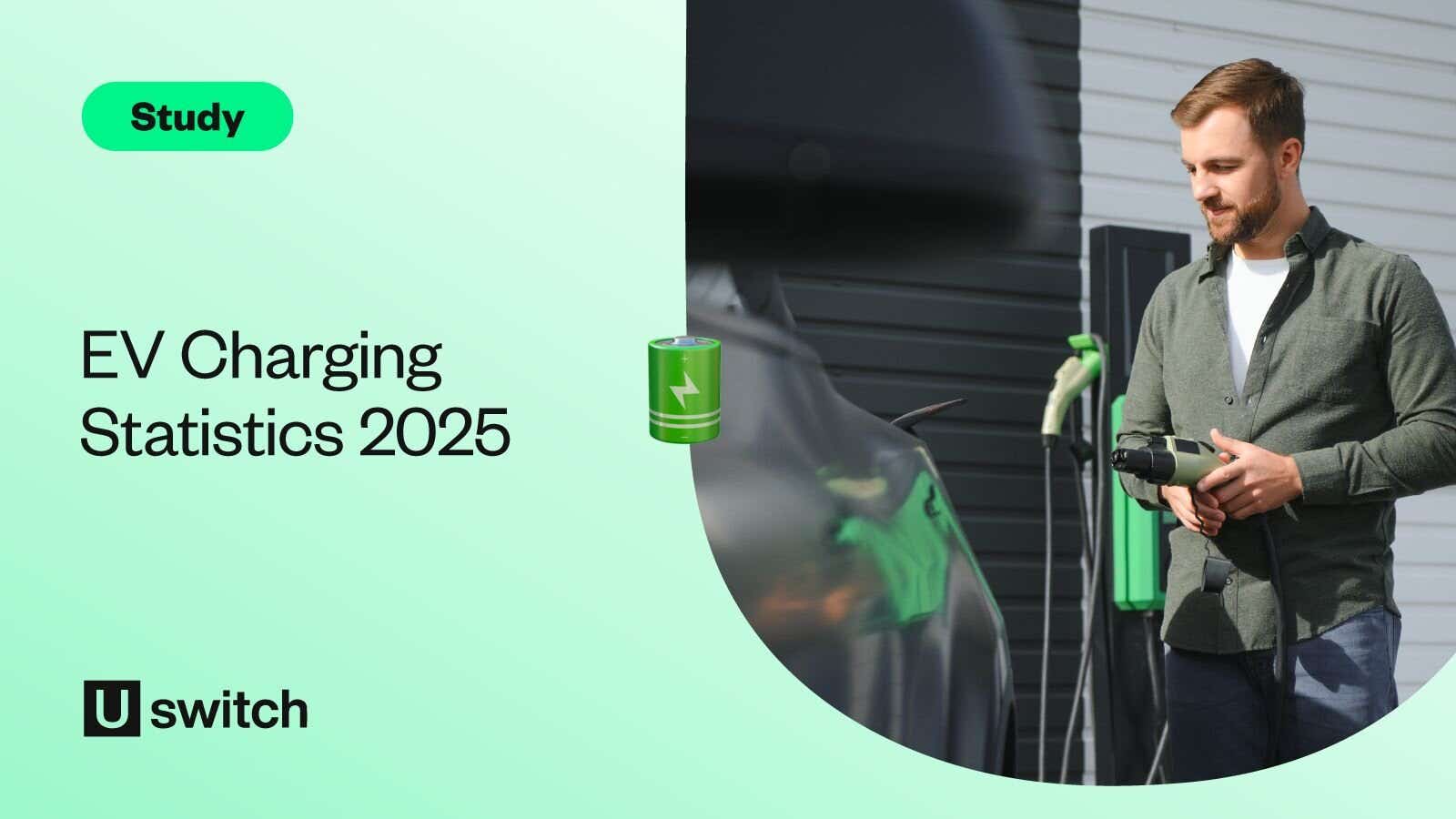 Feature image showing someone charging an EV at a public charge point alongside the title 'EV Charging Statistics 2025'.